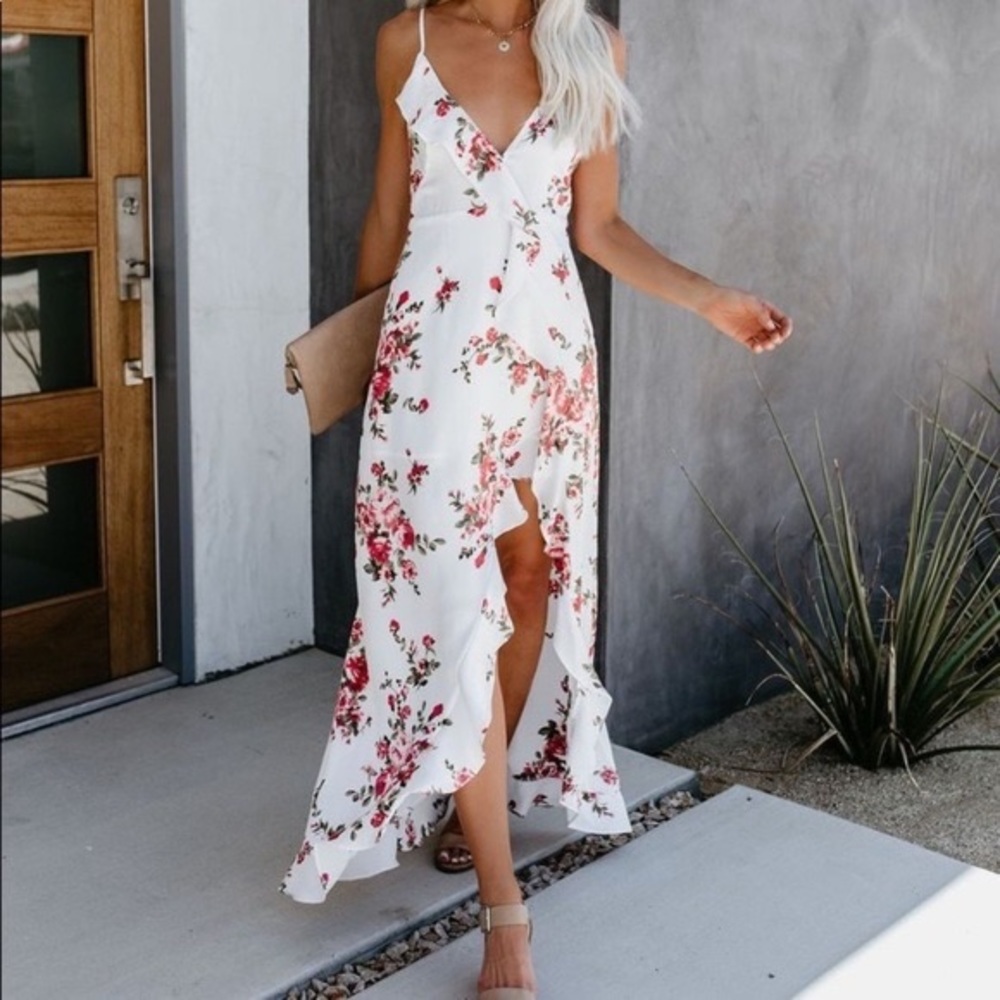 Vici Dolls 
Event Buzz Satin Floral Ruffle Maxi Dress
Ivory